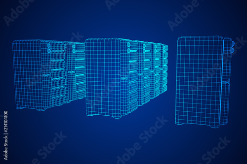 Hardware equipment telecommunication server. Data center storage room object. Computer database tower. Internet industry cluster. Wireframe low poly mesh vector illustration