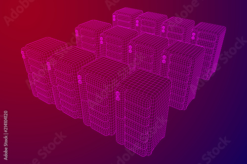 Hardware equipment telecommunication server. Data center storage room object. Computer database tower. Internet industry cluster. Wireframe low poly mesh vector illustration