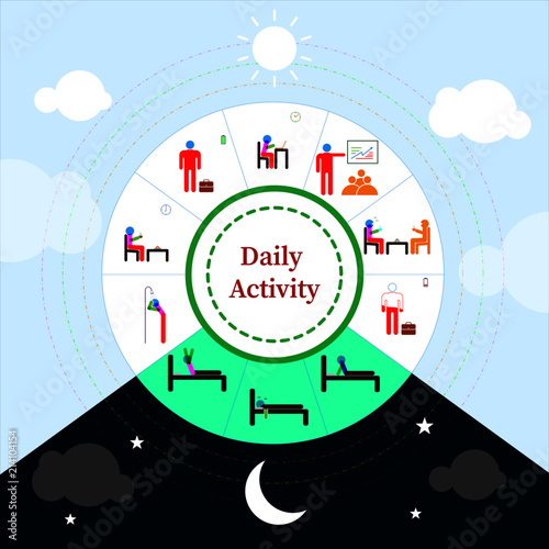 infographic daily activity with colored pictogram, from wake to sleep again, vector illustration