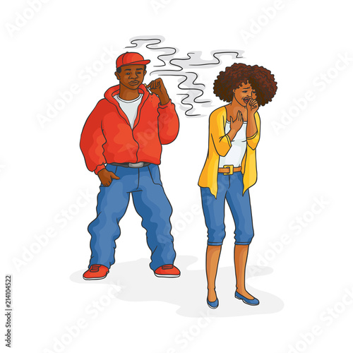 African adult black man smoking, female character, african woman feel bad coughing standing holding neck. Nicotine addiction, passive tobacco smoking risk concept. Isolated sketch vector illustration