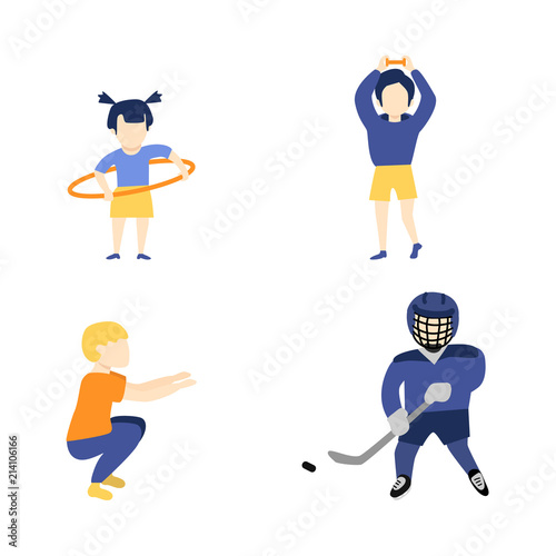 Vector flat young kid boy, girl doint sports set. Male characters doing squat, dumbbells exercises and playing hockey in protective equipment, girl rotating hula hoop. Isolated background illustration