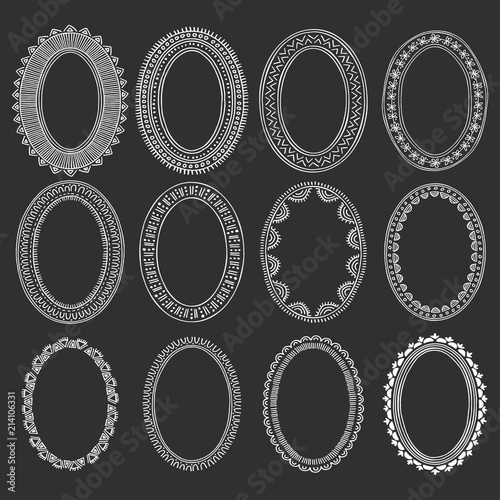 Collection of oval decorative frames. Traditional eastern motif. Vector isolated elements.