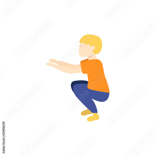 Vector flat young kid boy, man in athletic clothing doing squat, quadriceps muscle workout exercises. Active lifestyle male character doing sport. Isolated background illustration