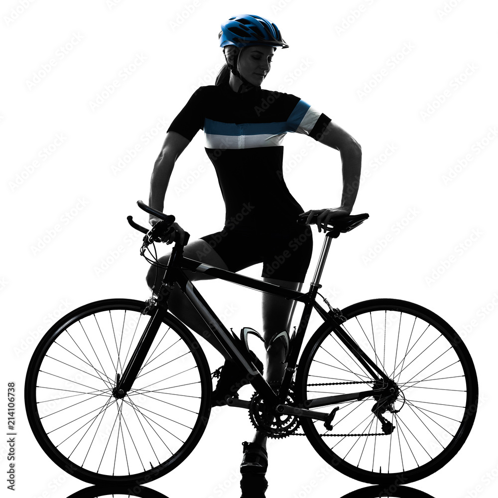 Obraz premium one caucasian cyclist woman cycling riding bicycle standing smiling isolated on white background