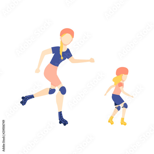 Vector flat girl teen kid, child and adult woman roller skating in protective equipment, helmet. Active lifestyle female character, having fun doing sport. Isolated illustration, white background.