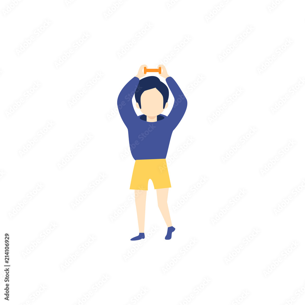 Vector flat young kid boy, man in athletic clothing - hoodie sweater, pullover shorts doing dumbbells workout exercises. Active lifestyle male character doing sport. Isolated background illustration