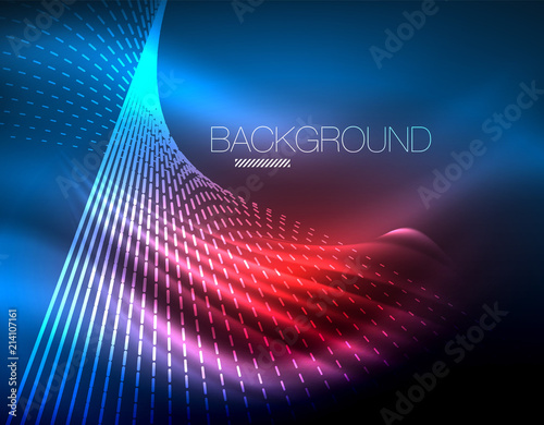 Smooth light effect, straight lines on glowing shiny neon dark background. Energy technology idea