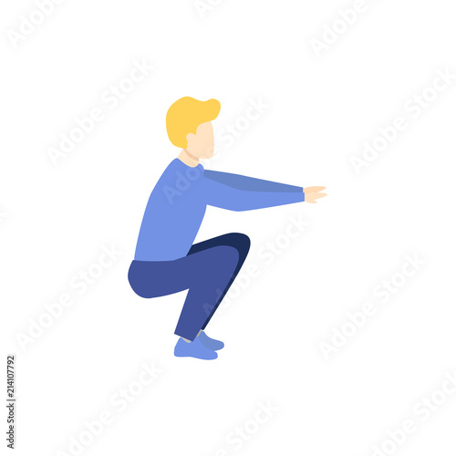 Young man doing squat exercise, side view full length portrait, stylized flat style vector illustration isolated on white background. Flat style man squatting, training, working out
