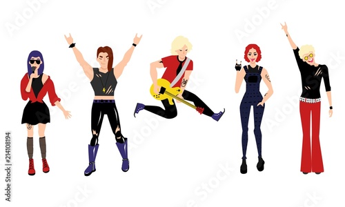Rock music, culture people set. Alternative, heavy metal punk style clothing haircut young men, women playing electric guitar, singing song in micropphone, showing rock gesture. Vector illustration