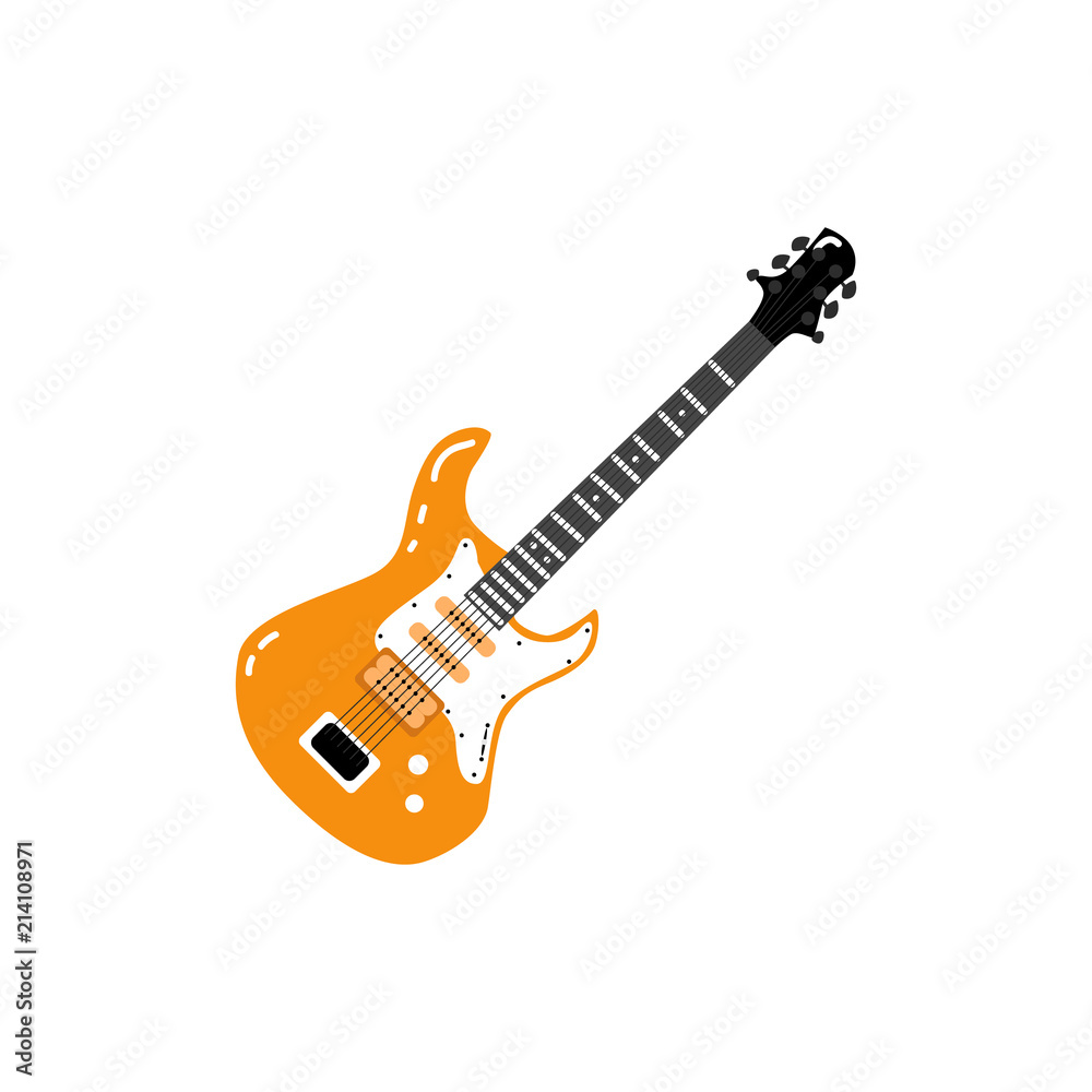 Electric guitar black with jack cable audio wire. Hand drawn rock music attribute, string instrument icon. Isolated vector illustration on a white background.