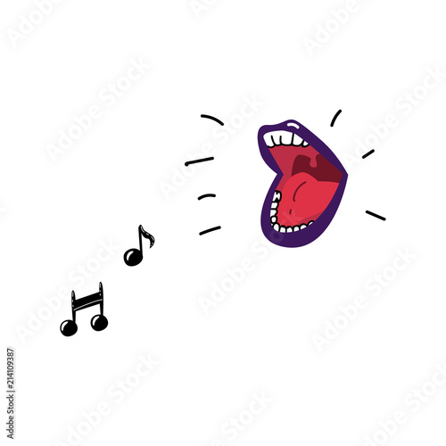 Hand drawn woman mouth open with makeup lips shouting, crying or singing song, music notations, notes set. Rock music or protest symbol. Vector isolated background illustration.