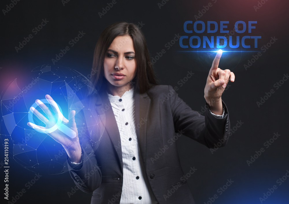 The concept of business, technology, the Internet and the network. A young entrepreneur working on a virtual screen of the future and sees the inscription: Code of conduct The concept of business, technology, the Internet and the network. A young entrepreneur working on a virtual screen of the future and sees the inscription: Code of conduct