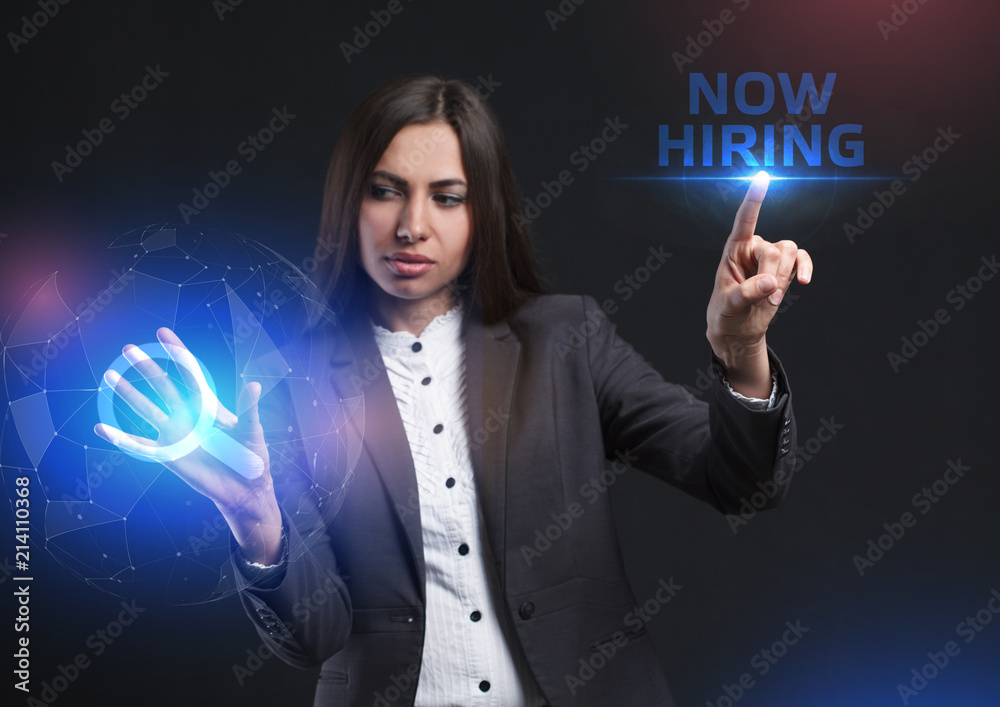 The concept of business, technology, the Internet and the network. A young entrepreneur working on a virtual screen of the future and sees the inscription: now hiring The concept of business, technology, the Internet and the network. A young entrepreneur working on a virtual screen of the future and sees the inscription: now hiring