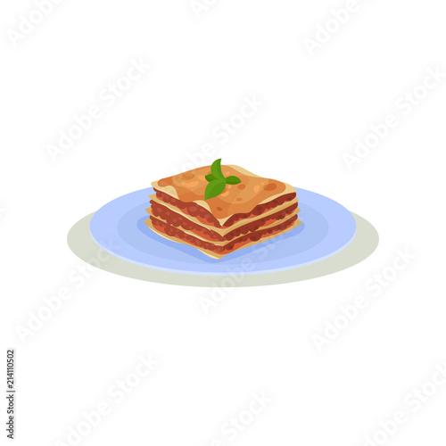 Delicious lasagna with green basil leaves on top. Traditional Italian food. Cooking theme. Flat vector icon