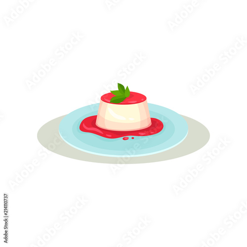 Vanilla panna cotta with strawberry sauce and green leaves on top. Traditional dessert of Italian cuisine. Sweet food. Flat vector icon