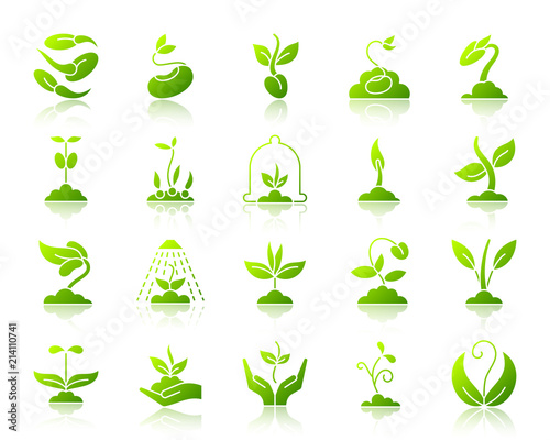 Sprout simple green gradient icons vector set