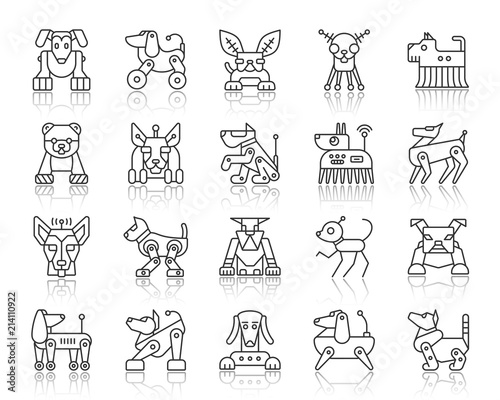 Robot Dog simple black line icons vector set