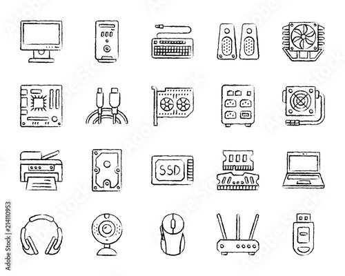 Computer charcoal draw line icons vector set