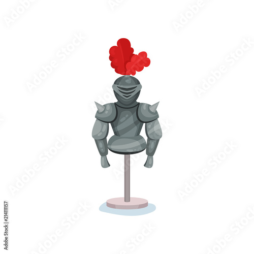 Flat vector icon of shiny medieval knights armor, helmet with bright red feather. Protective suit of royal warrior. Exhibit of historical museum