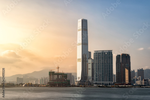 Hong kong city long exposure skyline business district at the sunset