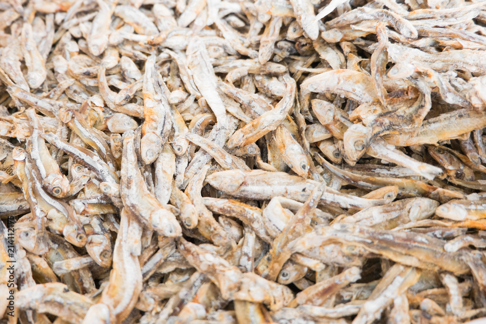 dried anchovies fish background,soft focus.