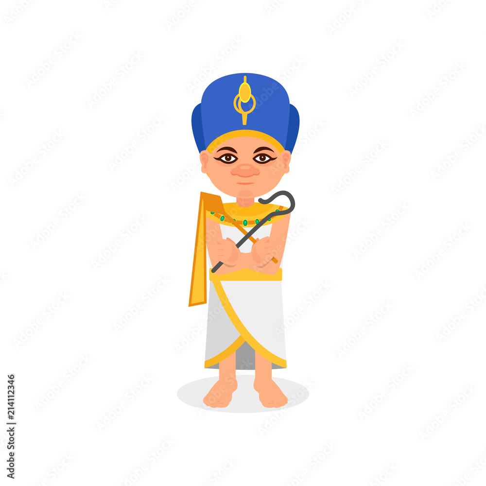 Egyptian pharaoh standing with rod and whip in hands. Ancient Egypt theme. Man in traditional costume and headdress. Flat vector icon
