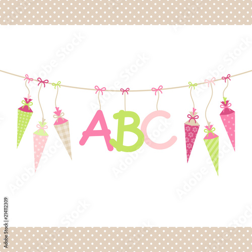 Hängende bunte Schultüten & ABC Mädchen Punktbordüre