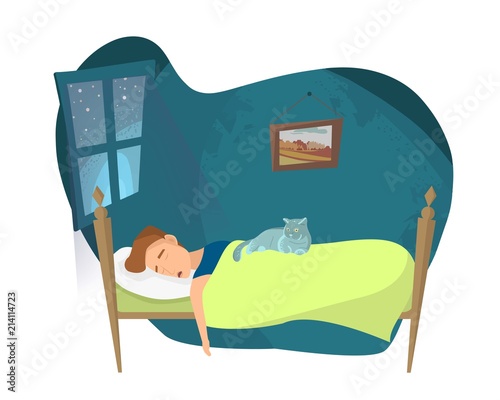 Young guy is sleeping in his bed. Cartoon vector illustration.