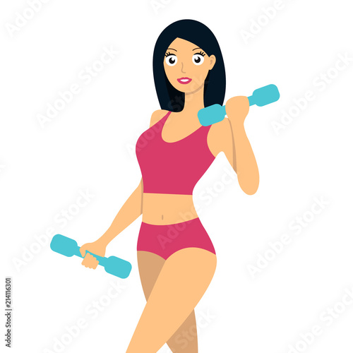 Pretty young sportswoman doing exercises with dumbbells isolated on a white background