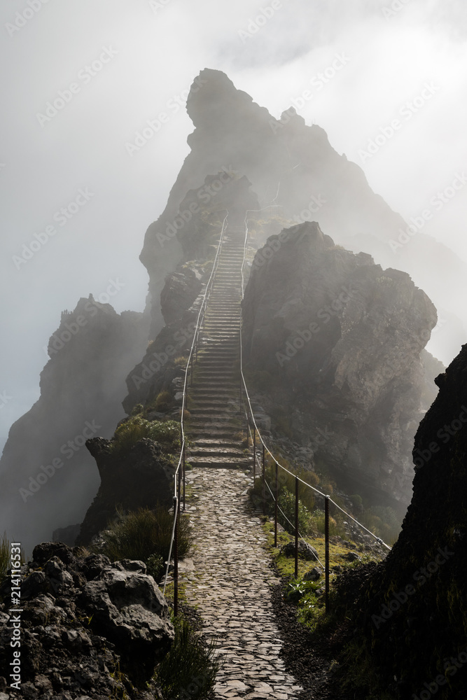 Narrow foggy stairway to heaven, Pico do Areeiro, Madeira, Portugal Stock Photo Adobe Stock