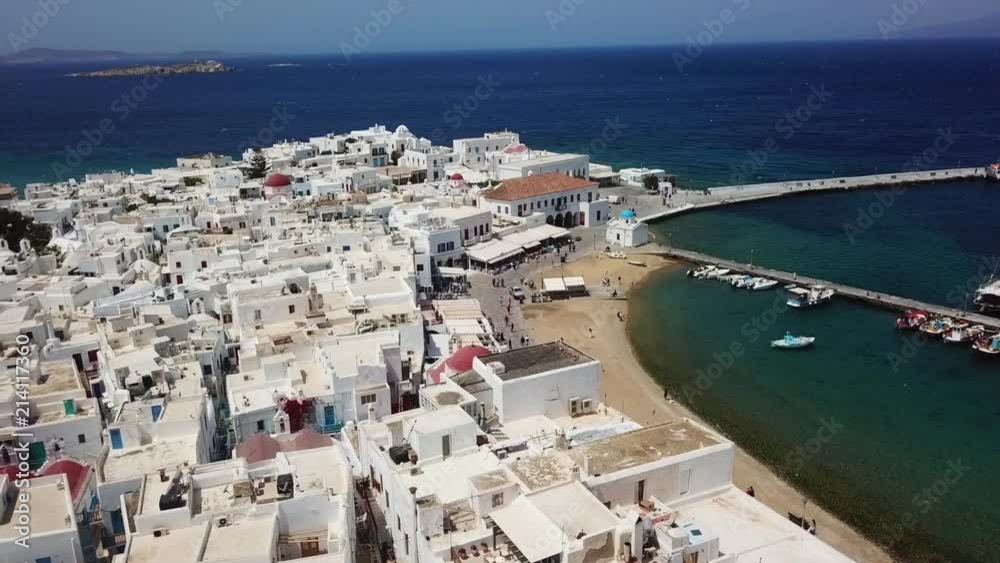 Aerial drone bird's eye view video of iconic old port in chora of Mykonos island, Cyclades, Greece Aerial drone bird's eye view video of iconic old port in chora of Mykonos island, Cyclades, Greece
