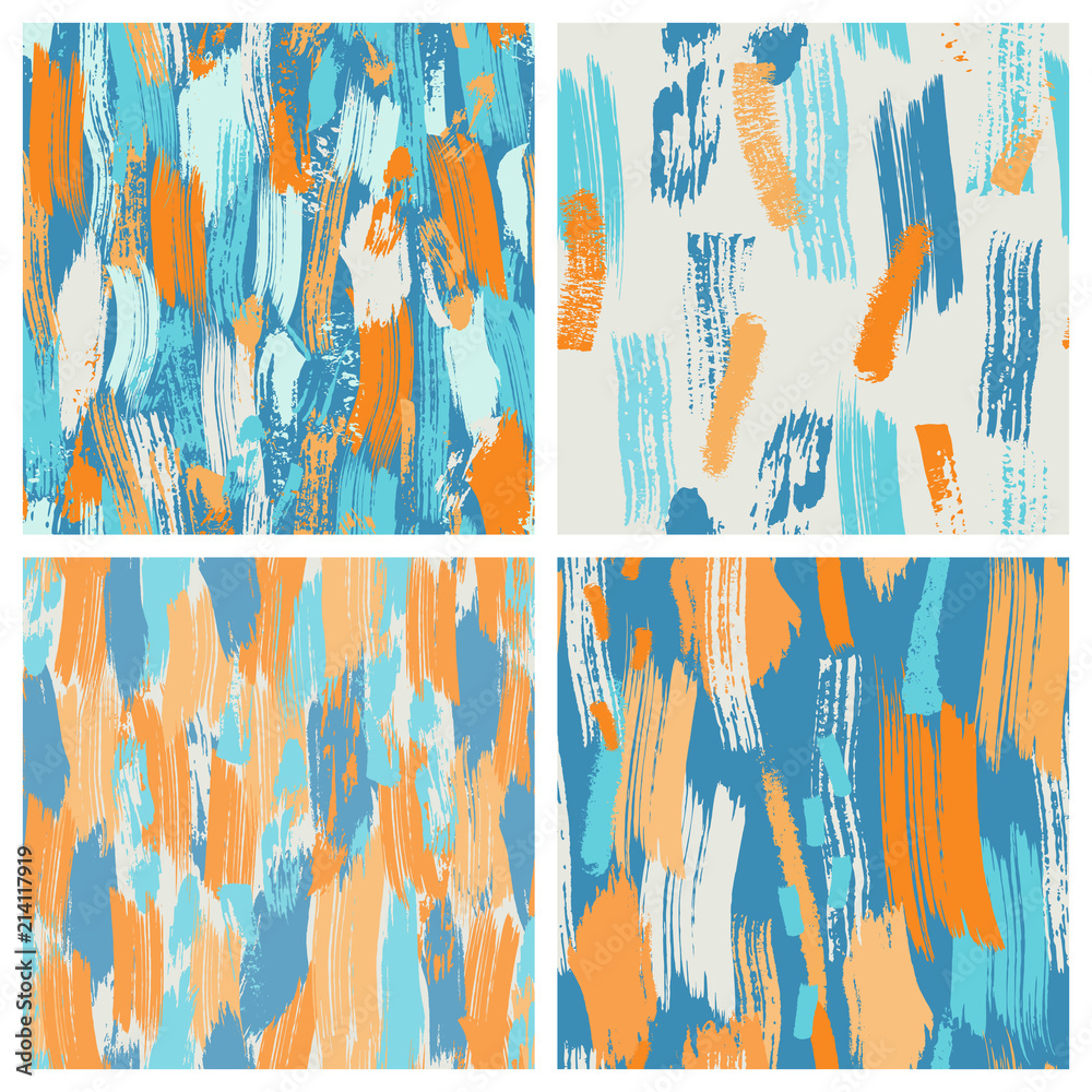 Set of four seamless grunge brush pattern in bright colors. Abstract trendy backgrounds. Trendy backgrounds with hand drawn textures and abstract shapes