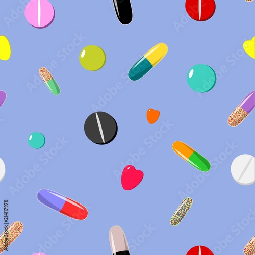 Seamless pattern of colorful pills on blue cartoon style background vector illustration