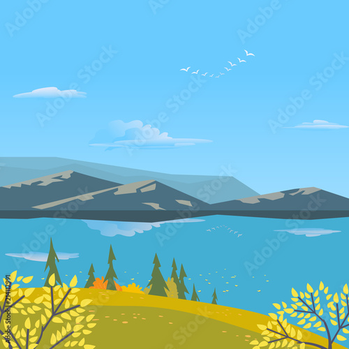 Mountain green valley landscape. Autumn yellow season lake scenic view poster. Trees on river bank in Alps mountains. Freehand cartoon outdoors retro style. Vector countryside scene banner background