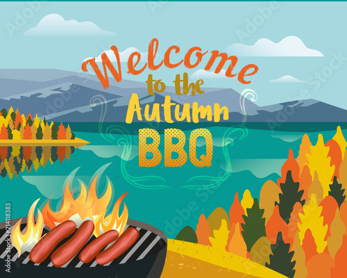 Autumn outdoors concept. Cartoon retro style poster. Welcome invitation to barbecue picnic. Season holiday leisure banner background. Mountain valley, lake. Vector flaming BBQ grill illustration