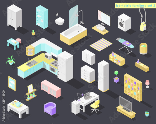 Vector big set of low poly isometric furniture and decoration for home interiors - living room, bath, kithen, laundry and other in pastel colors