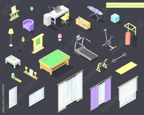 Vector big set of low poly isometric furniture and decoration for home interiors - working room, gym, billiard and other in pastel colors
