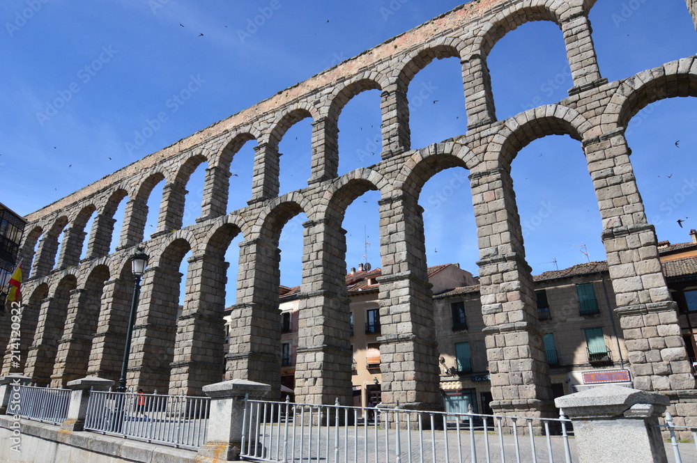 Colossus Segovia Aqueduct In A Frontal Shot. Architecture History Travel. June 18, 2018. Segovia Castilla-Leon Spain.