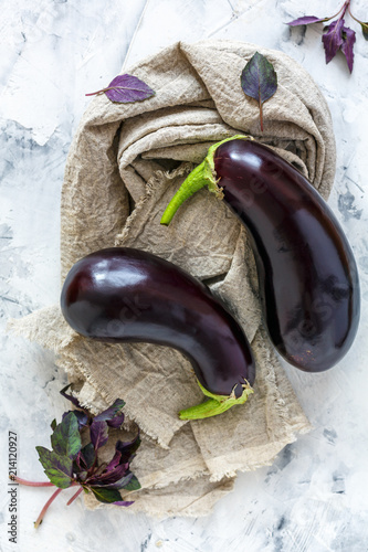 Purple eggplant and red basil.