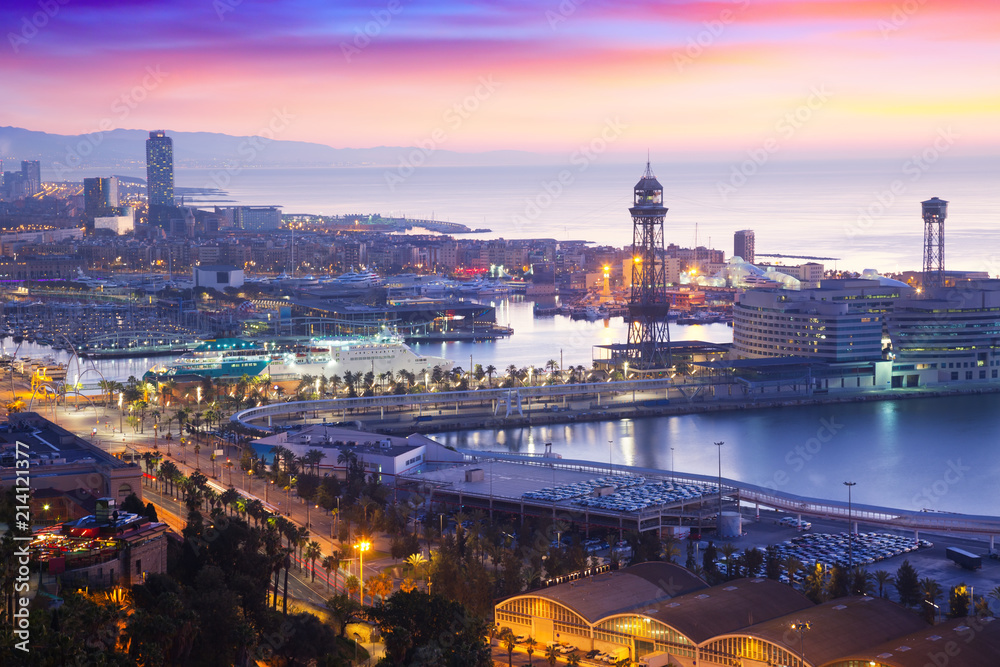   Port Vell at Barcelona in dawn time. Catalonia