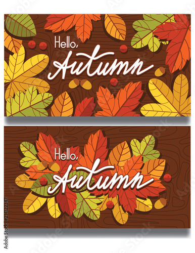 Vector hello autumn colorful banner's design with autumn leaves and berries fall down above wooden texture background. Template with lettering for printing on postcards and flyers.