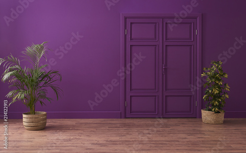 Fototapeta Naklejka Na Ścianę i Meble -  modern purple room with classic door and vase of plant