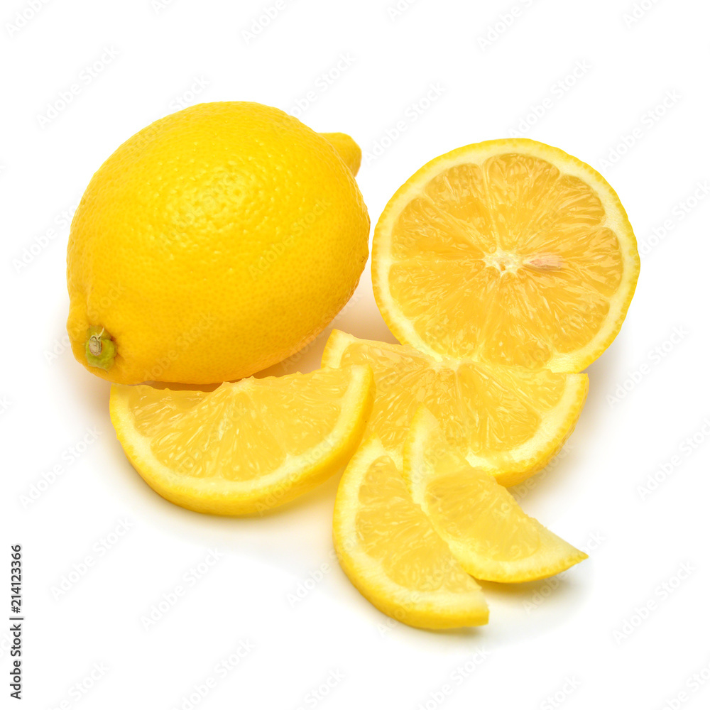 Lemons creative whole and slices isolated on white background. Yellow fruit. Flat lay, top view