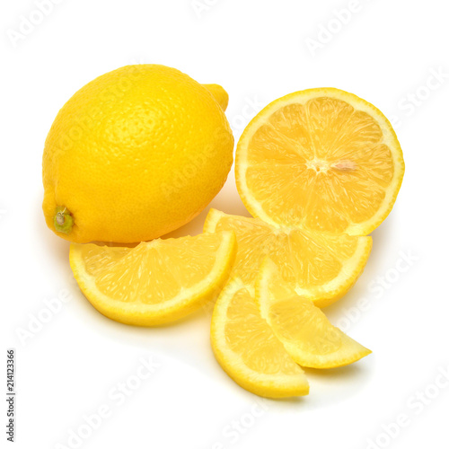 Lemons creative whole and slices isolated on white background. Yellow fruit. Flat lay, top view