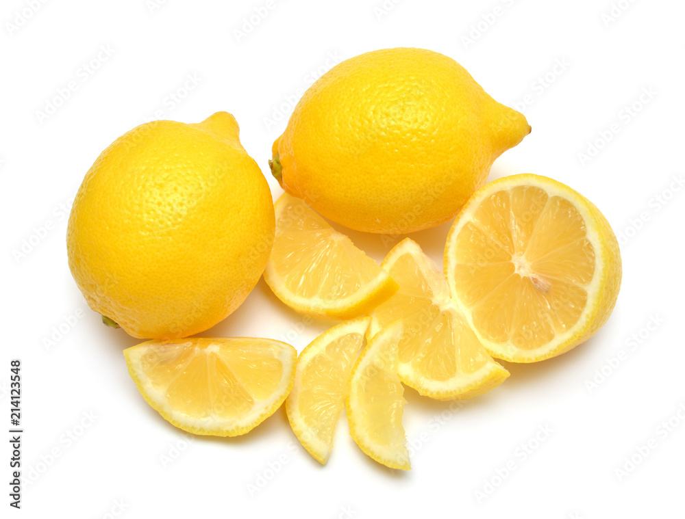 Lemons creative whole and slices isolated on white background. Yellow fruit. Flat lay, top view Lemons creative whole and slices isolated on white background. Yellow fruit. Flat lay, top view