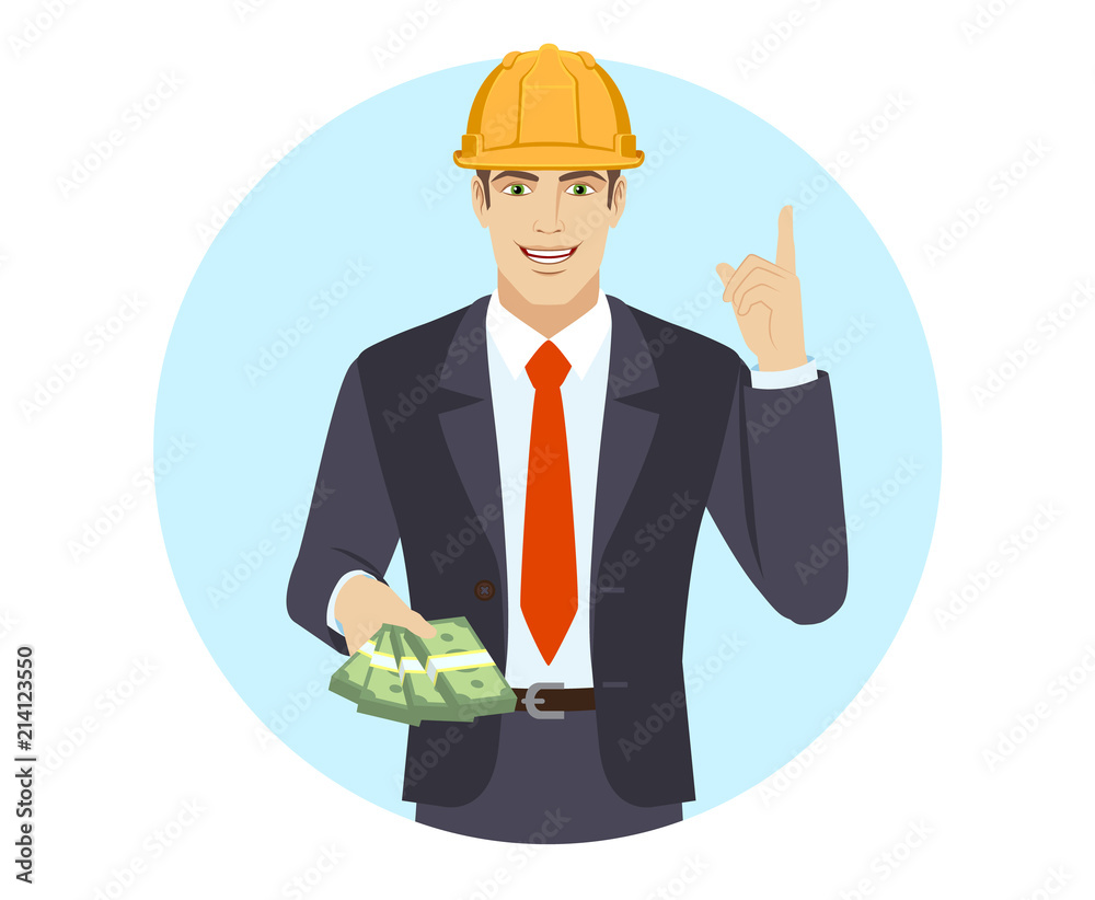 Businessman in construction helmet with money pointing index finger up Businessman in construction helmet with money pointing index finger up