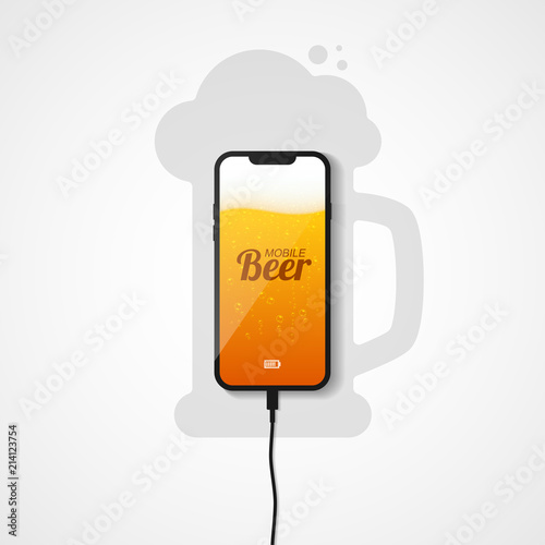 The smartphone lies on the plane connected to the charger. Silhouette of a mug of beer. The phone's screen shows a light beer with bubbles of gas and foam. Vector illustration.