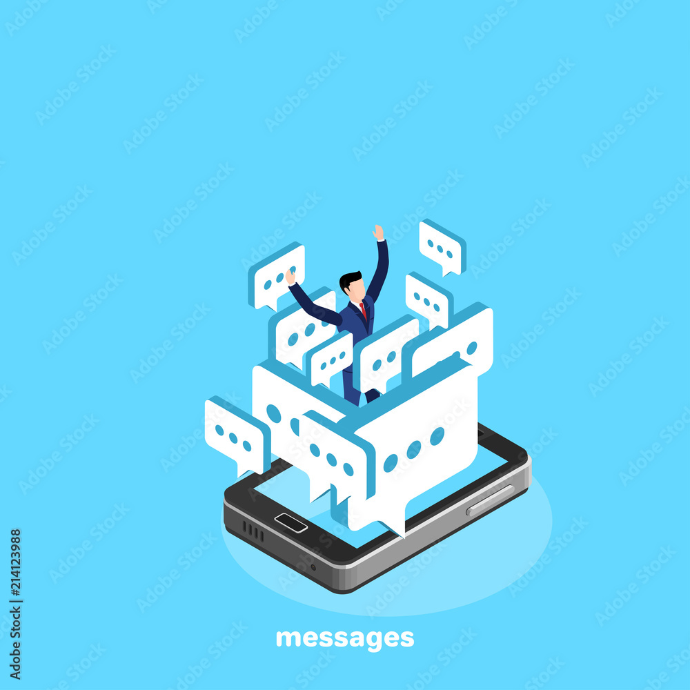 electronic messages and letters on the smartphone, isometric image