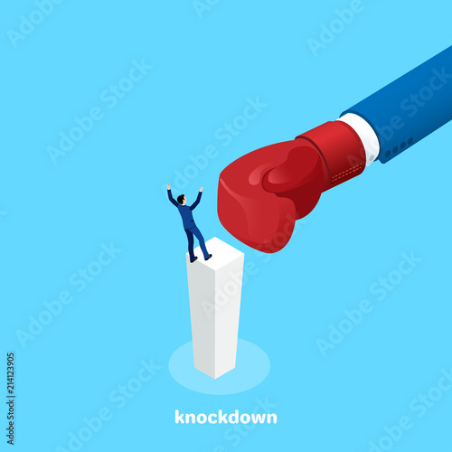 a man in a business suit falls from the chart column from a hand in a boxing glove, an isometric image