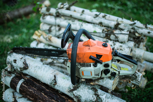 Wallpaper Mural gasoline chain saw. firewood for firebox. Cut the birch with a saw. Dust and movement. concept of work Torontodigital.ca